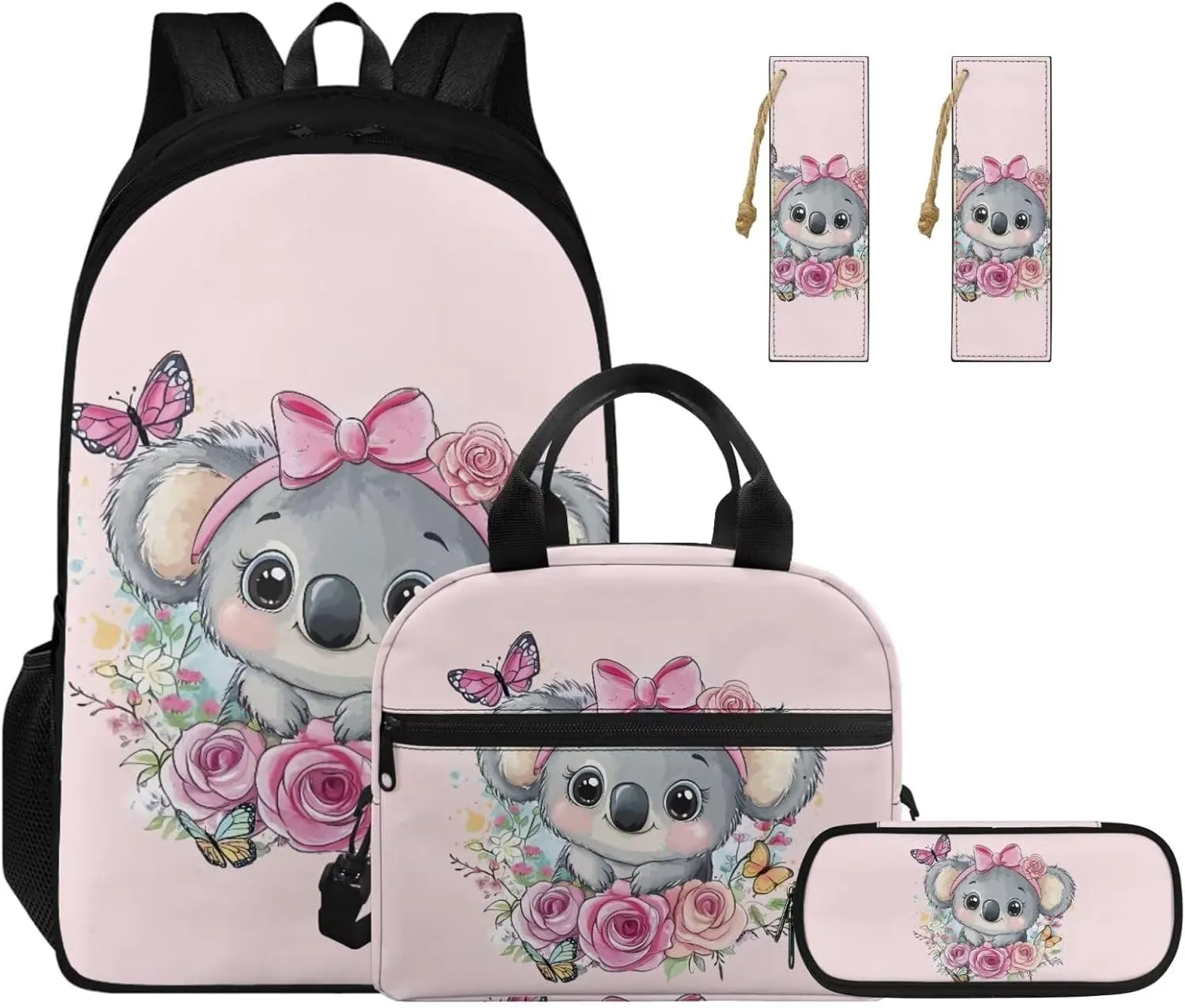 Bow Tie Koala 2Nd Grade Backpack for Boys Girls Bookbag with Lunch Box Leather Bookmarks and Lightweight Pencil Case 4 in 1 School Bag with Compartment Back Packs