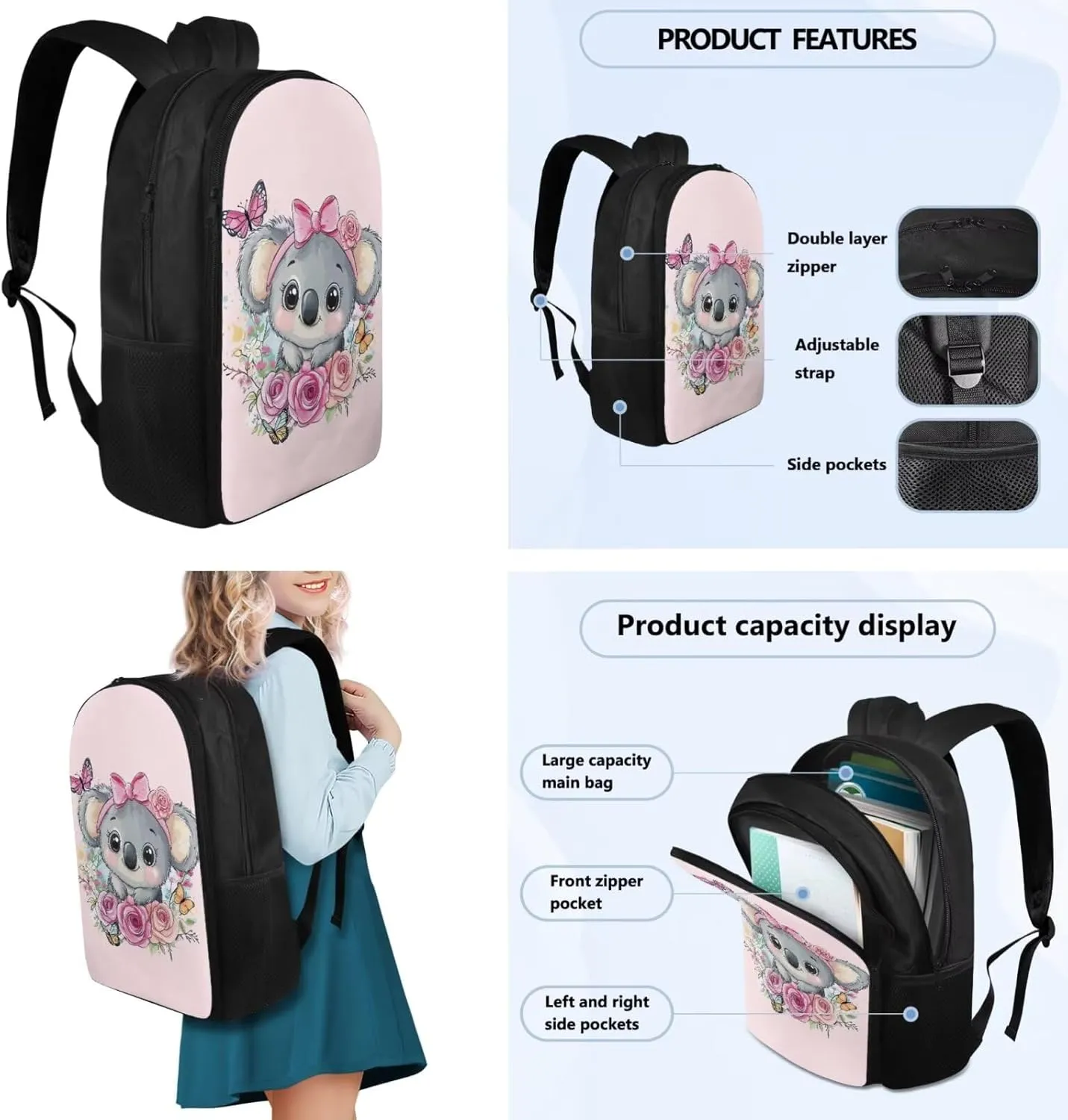 Bow Tie Koala 2Nd Grade Backpack for Boys Girls Bookbag with Lunch Box Leather Bookmarks and Lightweight Pencil Case 4 in 1 School Bag with Compartment Back Packs