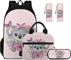 Bow Tie Koala 2Nd Grade Backpack for Boys Girls Bookbag with Lunch Box Leather Bookmarks and Lightweight Pencil Case 4 in 1 School Bag with Compartment Back Packs