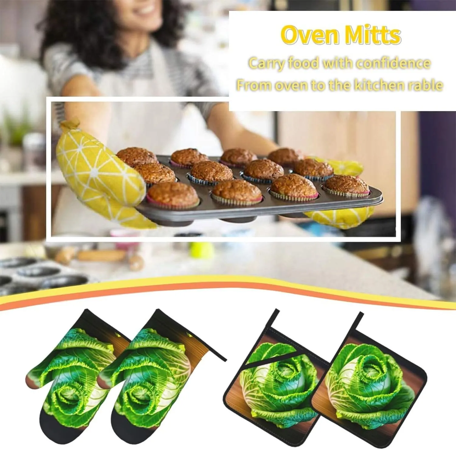 Bright Cabbage Oven Mitts and Pot Holders, Heat Resistance with Quilted Liner Oven Gloves and Hot Pads