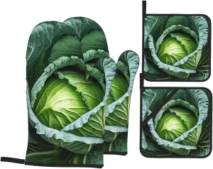 Bright Cabbage Oven Mitts and Pot Holders Set of 4 Heat Resistant Waterproof Non-Slip Hot Pads BBQ Gloves for Cooking Grilling Apartment Home Kitchen Essentials & Accessories Gifts