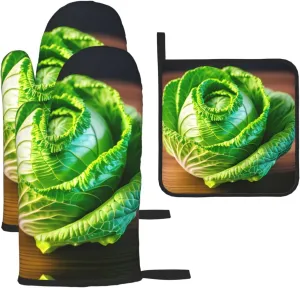 Bright Cabbage Oven Mitts and Pot Holders Sets of 3 Heat Resistant Hot Pads Oven Gloves for Kitchen Cooking BBQ Baking Gifts