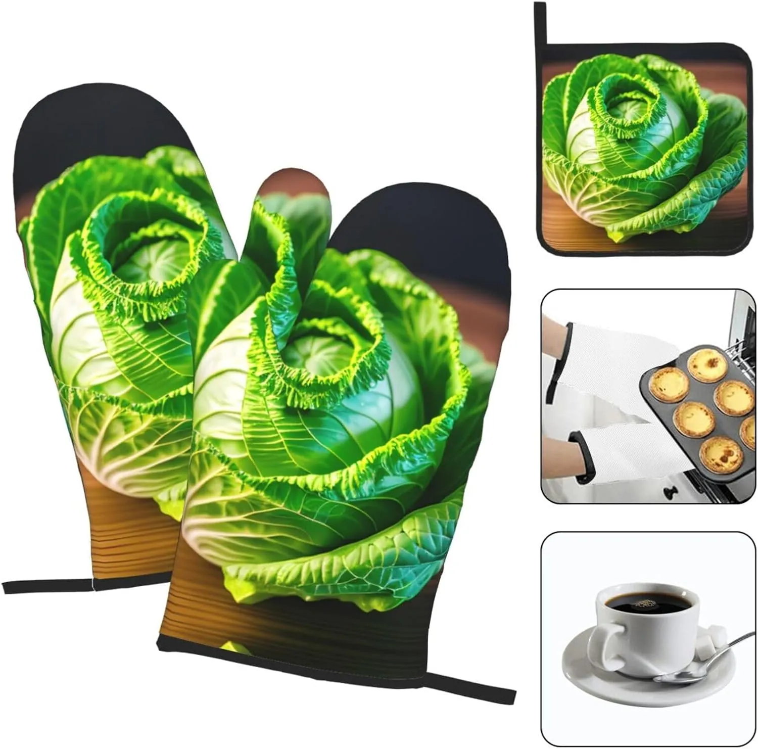 Bright Cabbage Oven Mitts and Pot Holders Sets of 3 Heat Resistant Hot Pads Oven Gloves for Kitchen Cooking BBQ Baking Gifts