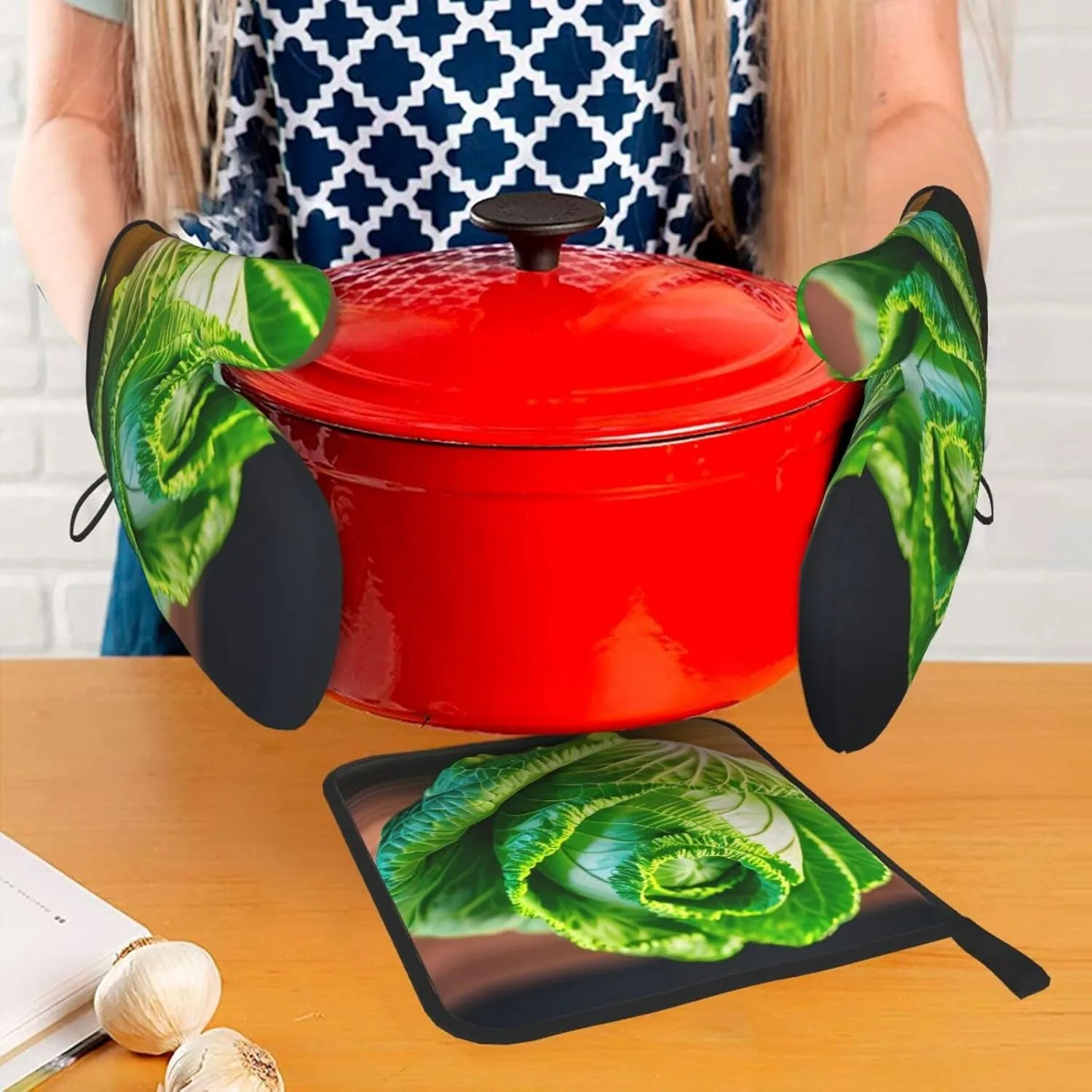 Bright Cabbage Oven Mitts and Pot Holders Sets of 3 Heat Resistant Hot Pads Oven Gloves for Kitchen Cooking BBQ Baking Gifts