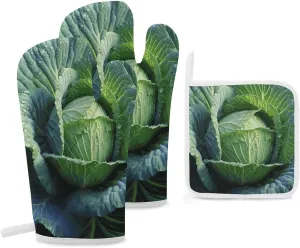 Bright Cabbage Oven Mitts and Pot Holders Sets of 3 High Heat Resistant Non-Slip Oven Gloves and Hot Pads Washable Cooking Gloves for Kitchen Cooking Baking BBQ
