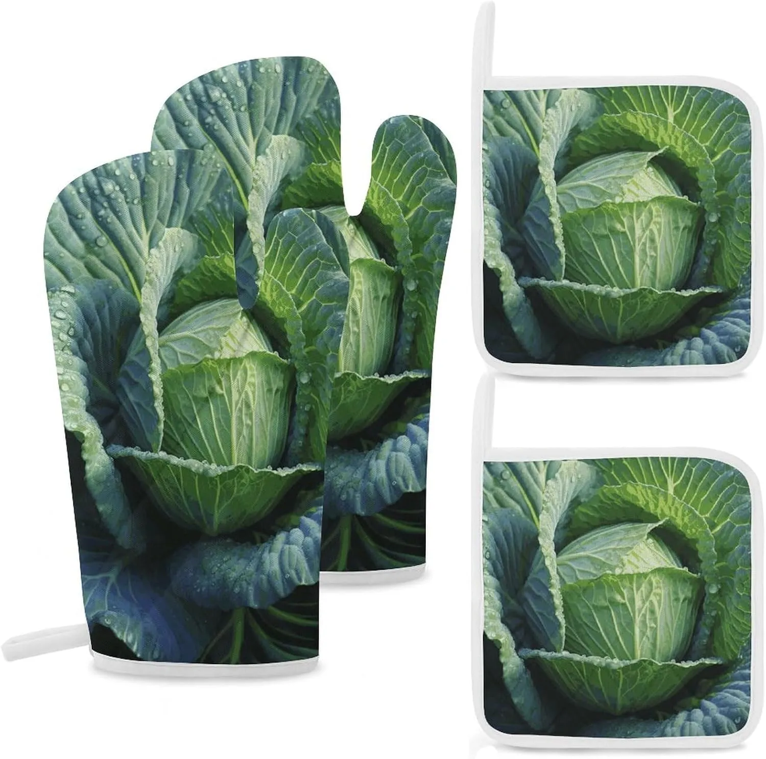 Bright Cabbage Oven Mitts and Pot Holders Sets of 4 Heat Resistant Non-Slip Oven Gloves and Hot Pads Washable Cooking Gloves for Kitchen Cooking Baking BBQ