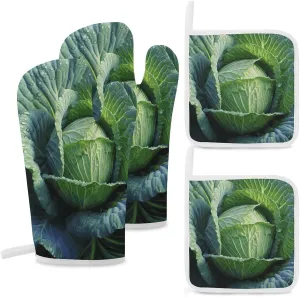 Bright Cabbage Oven Mitts and Pot Holders Sets of 4 Heat Resistant Non-Slip Oven Gloves and Hot Pads Washable Cooking Gloves for Kitchen Cooking Baking BBQ