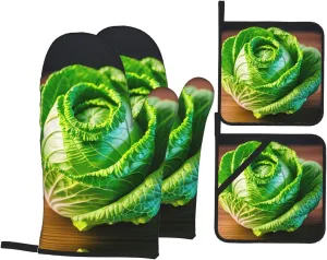 Bright Cabbage Print Baking Mittens Hot Pads Waterproof Oven Mitts Pot Holders Heat Resistant for Baking