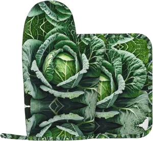 Bright Cabbage Print Oven Mitts and Pot Holders Sets with Non-Slip Silicone Palm, for Kitchen & Outdoor BBQ Protection