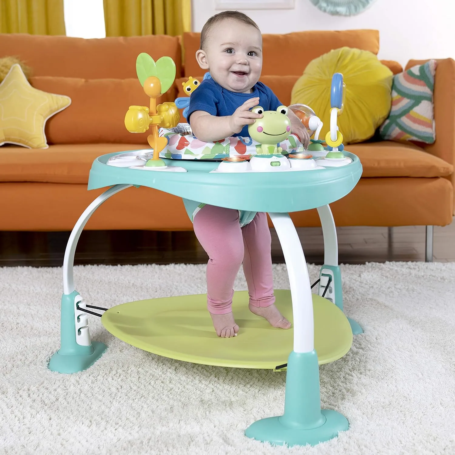 Bright Starts Bounce Bounce Baby 2-in-1 Activity Center Jumper & Table - Playful Pond (Green), 6 Months 