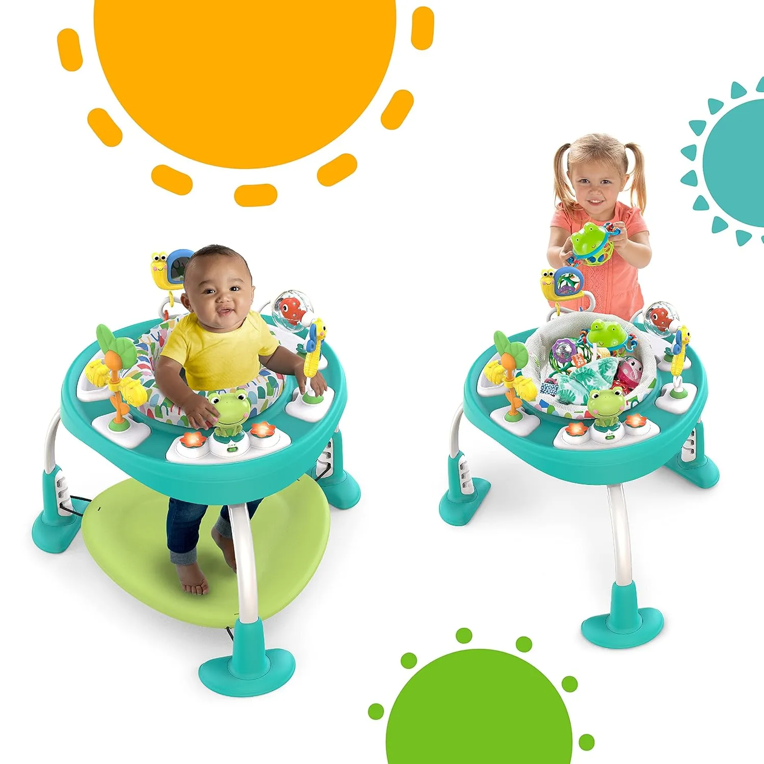 Bright Starts Bounce Bounce Baby 2-in-1 Activity Center Jumper & Table - Playful Pond (Green), 6 Months 