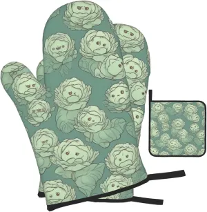 Cabbage Pattern Oven Mitts and Pot Holders 3 Sets Heat Resistant 356°F Kitchen Oven Mitt and Potholder Long Oven Gloves for Kitchen Non-Slip Cooking Gloves Hot Pads for Baking BBQ