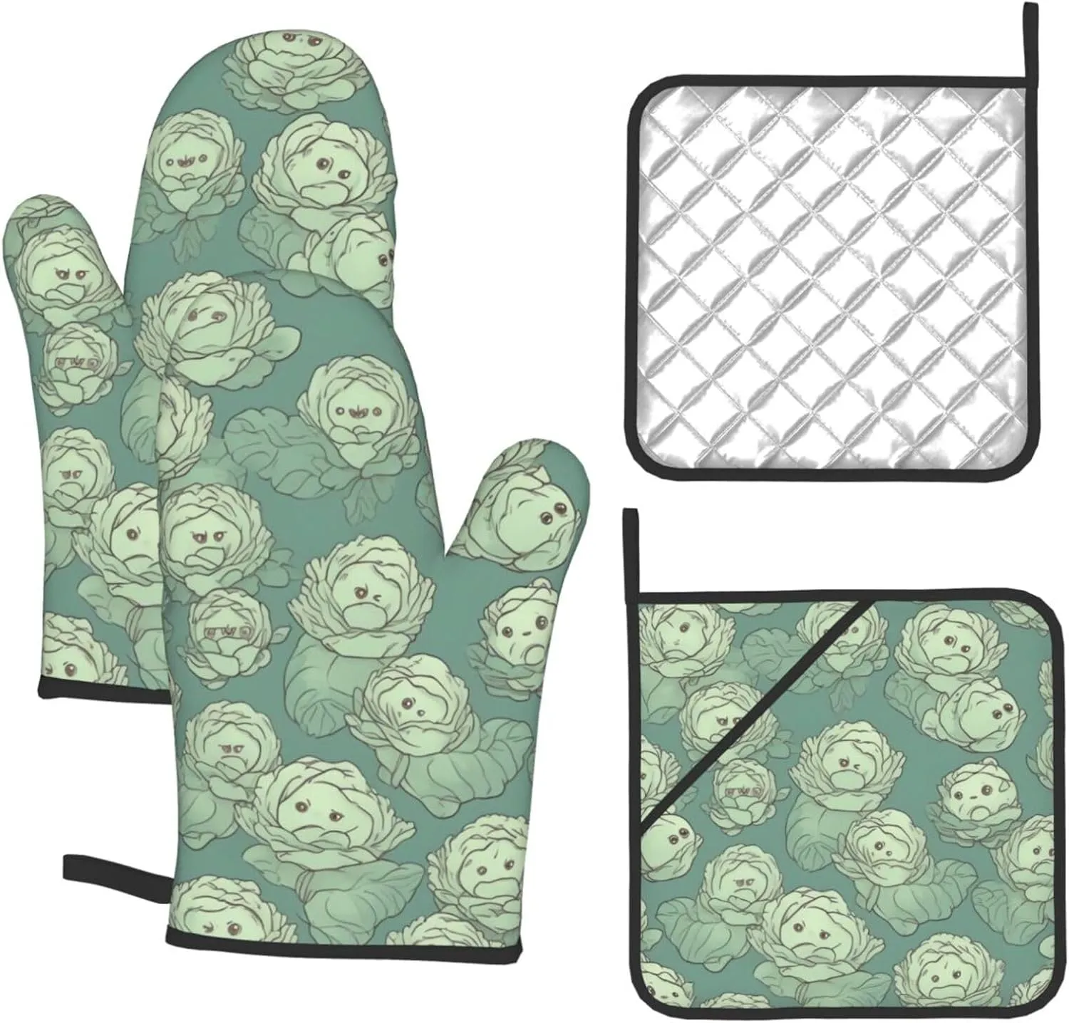Cabbage Pattern Oven Mitts and Pot Holders 4 Sets Heat Resistant 356°F Kitchen Oven Mitt and Potholder Long Oven Gloves for Kitchen Non-Slip Cooking Gloves Hot Pads for Baking BBQ