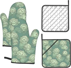 Cabbage Pattern Oven Mitts and Pot Holders 4 Sets Heat Resistant 356°F Kitchen Oven Mitt and Potholder Long Oven Gloves for Kitchen Non-Slip Cooking Gloves Hot Pads for Baking BBQ