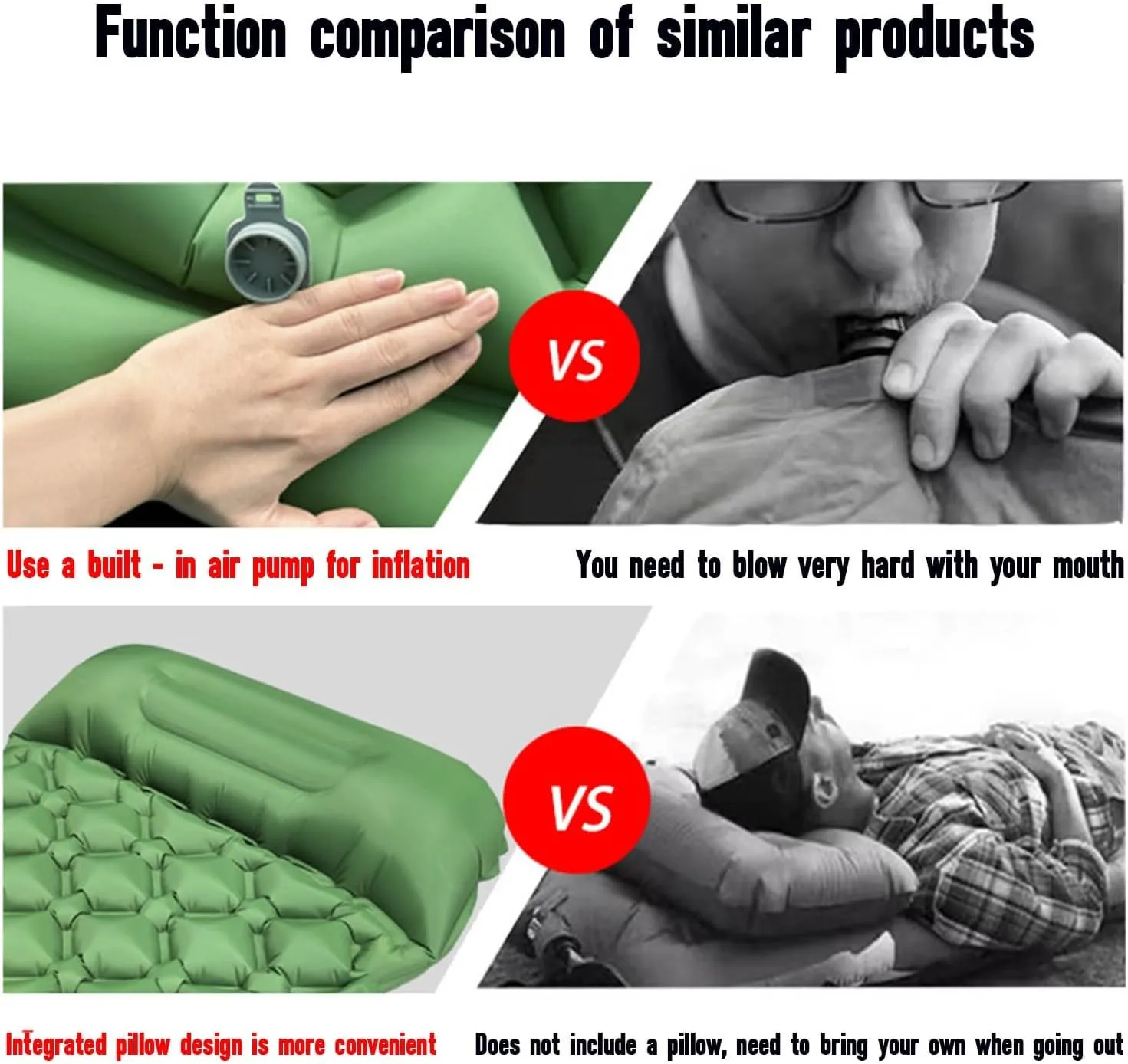 Camping Mattress Pad, 4 inThick Ultralight Inflatable Sleeping Mat with Built-in Pillow & Foot Pump | Waterproof Air Mattress for Tent Travel Includes Carry Bag for Hiking (A-Without Storage Bag)