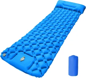 Camping Mattress Pad, 4 inThick Ultralight Inflatable Sleeping Mat with Built-in Pillow & Foot Pump | Waterproof Air Mattress for Tent Travel Includes Carry Bag for Hiking (A-Without Storage Bag)