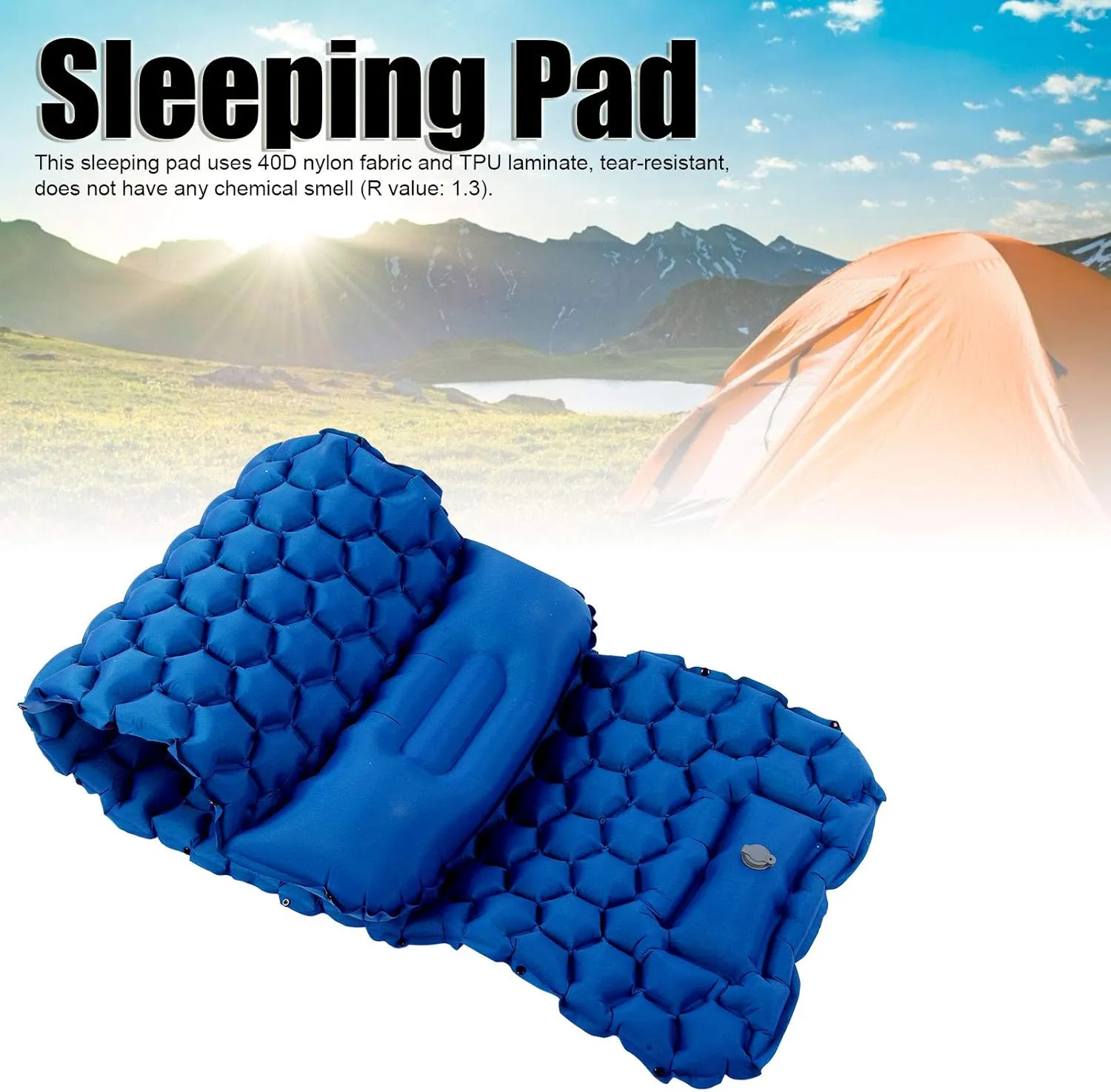 Camping Sleeping Pad Mat, Foot Press Inflatable Cushion Mattress, Sturdy 40D Nylon Fabric, TPU Laminate, for Tent Hiking Travel, Lightweight Compact, Easy to Store (Blue)