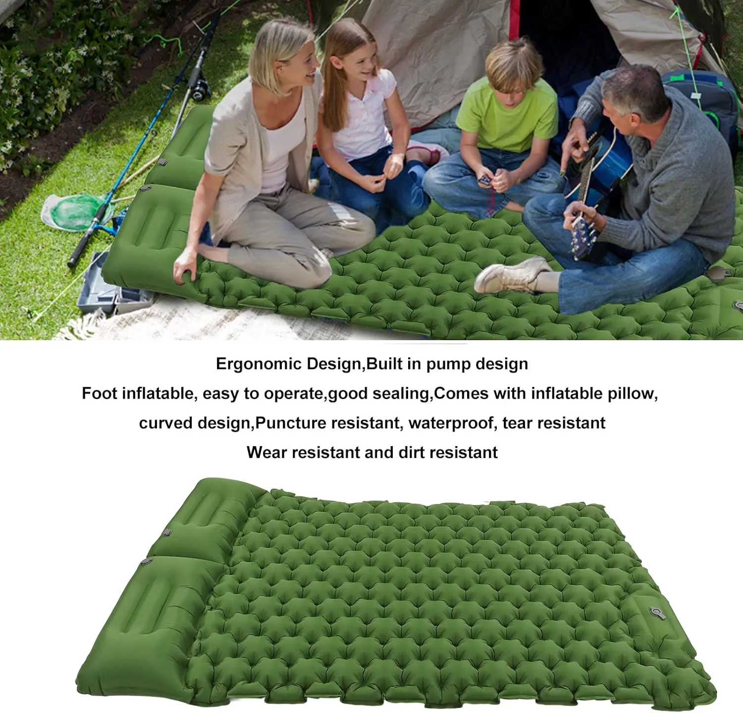 Camping Sleeping Pad,Inflatable Sleeping Pads Built in Foot Pump Ergonomic Inflatable Sleeping Pad with Storage Bag for Office Outdoor Camping Use(Green)