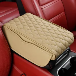 Car Armrest Cushion Pad Auto Center Console Cover with Storage Bag Memory Foam Arm Rest Console Pad Leather Universal Fit for Most Vehicles (Thick Pad, Beige)