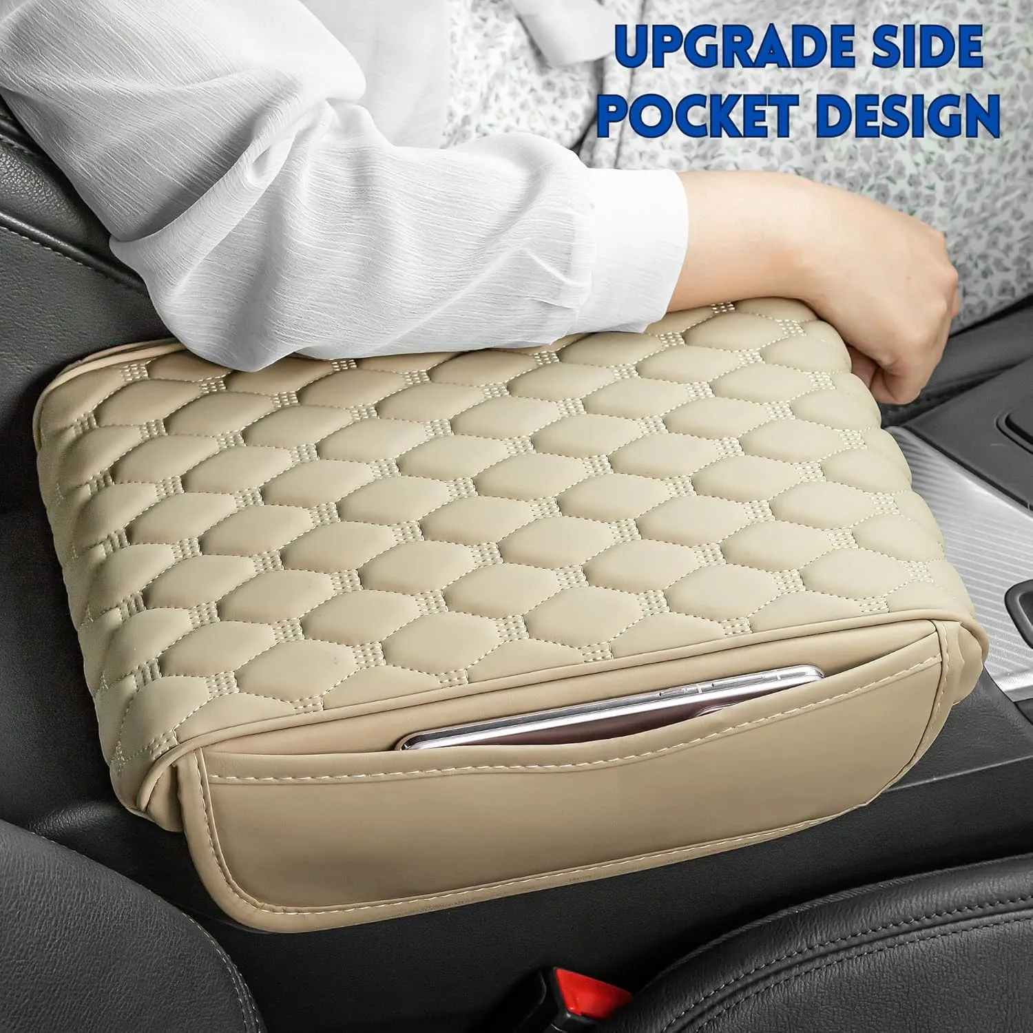 Car Armrest Cushion Pad Auto Center Console Cover with Storage Bag Memory Foam Arm Rest Console Pad Leather Universal Fit for Most Vehicles (Thick Pad, Beige)