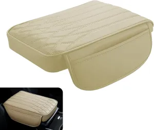 Car Center Console Armrest Cover, Memory Foam Pressure Relief Comfort Armrest Pad, Scratch-Resistant Leather Armrest Booster Pad with Side Storage Bag, Universal for Cars (Beige)