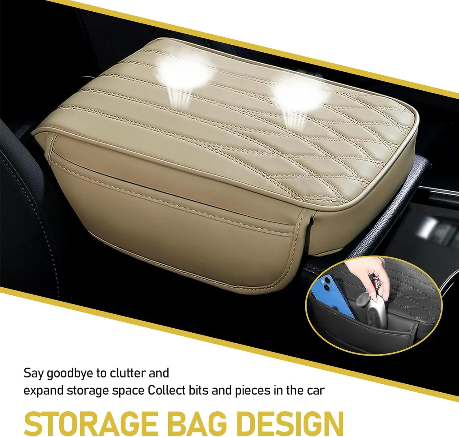 Car Center Console Armrest Cover, Memory Foam Pressure Relief Comfort Armrest Pad, Scratch-Resistant Leather Armrest Booster Pad with Side Storage Bag, Universal for Cars (Beige)