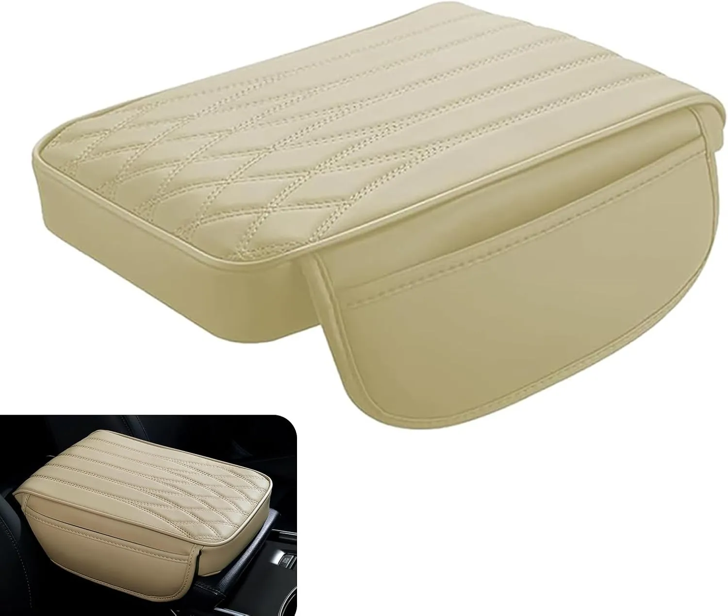 Car Center Console Armrest Cover, Memory Foam Pressure Relief Comfort Armrest Pad, Scratch-Resistant Leather Armrest Booster Pad with Side Storage Bag, Universal for Cars (Beige)