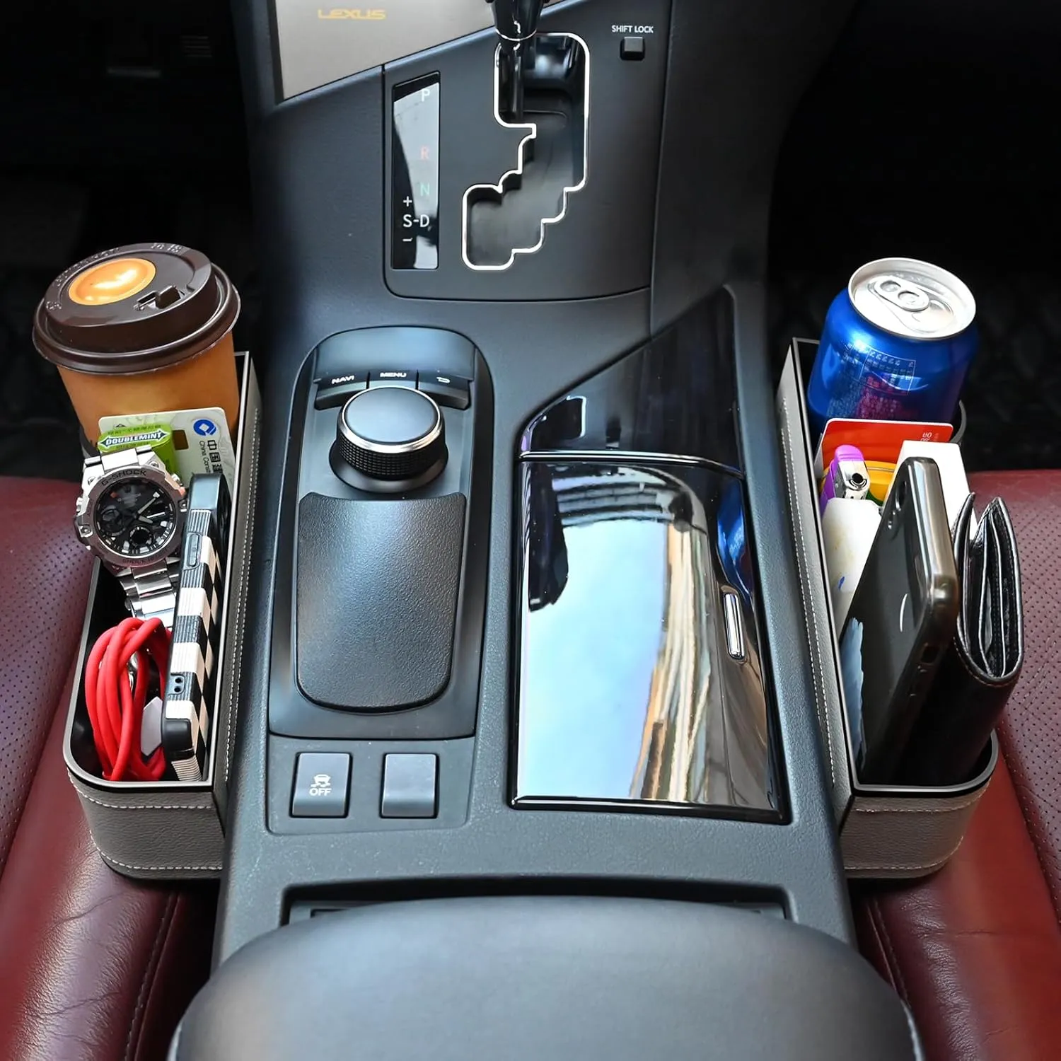 Car Seat Gap Filler Organizer, 2 Pack Multifunctional Car Seat Organizer, Auto Console Side Storage Box with Cup Holders 2 Seat Hooks for Drink, Car Organizer Front Seat for Holding Phone, Sunglasses