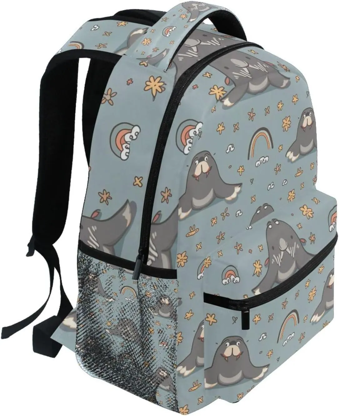 Cartoon Walrus Rainbow Flower Boys Girls Kids School Backpacks Bookbag, School Bag Travel Backpack Daypack