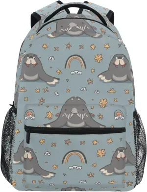 Cartoon Walrus Rainbow Flower Boys Girls Kids School Backpacks Bookbag, School Bag Travel Backpack Daypack