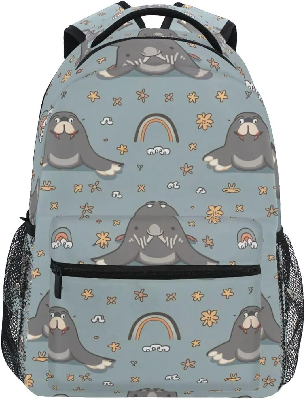 Cartoon Walrus Rainbow Flower Boys Girls Kids School Backpacks Bookbag, School Bag Travel Backpack Daypack