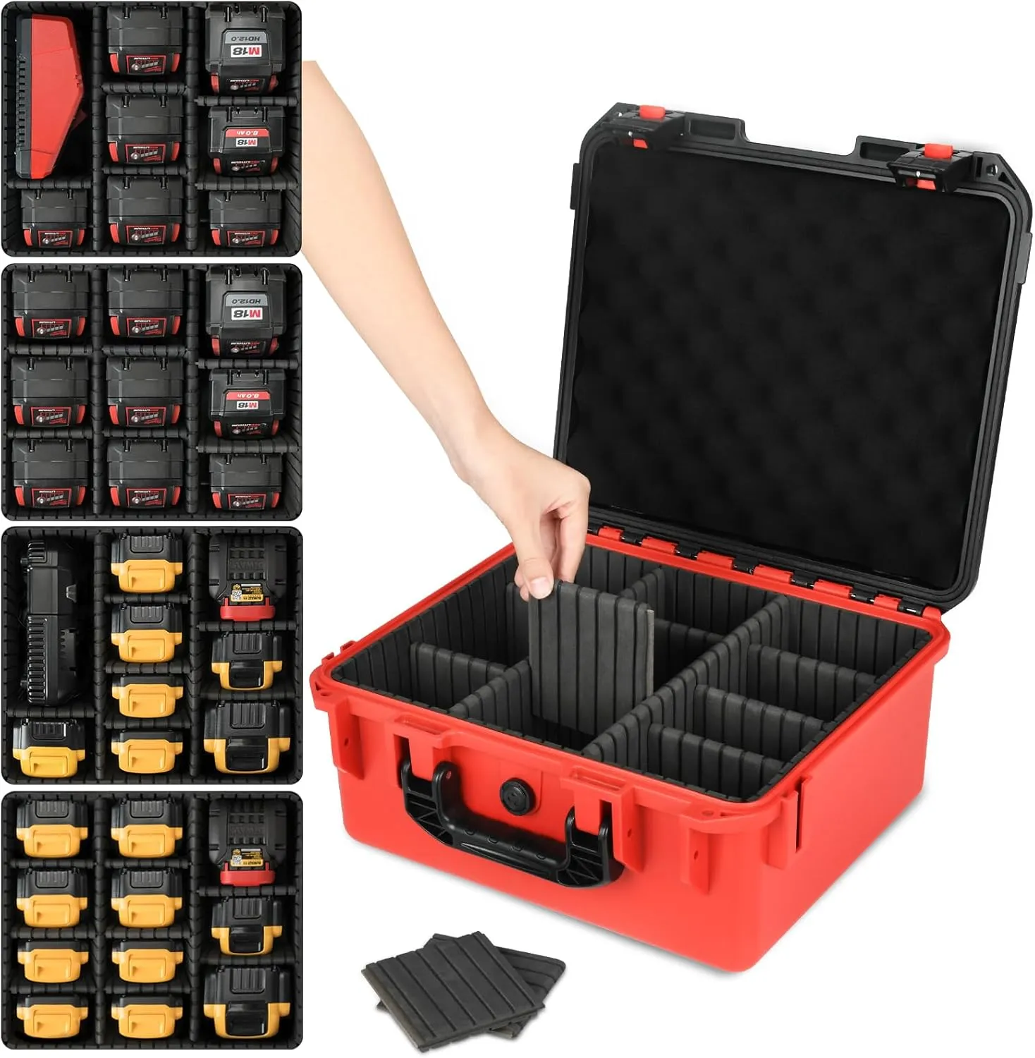 Case for Milwaukee M12 M18 Battery: Waterproof Battery Hard Carrying Storage Case with 9 Dividers for Milwaukee M18/M12 Tool Batteries 1.5/2.0/3.0/4.0/5.0/6.0/6.5/8.0/9.0/12.0-Ah/Charger (Case Only)