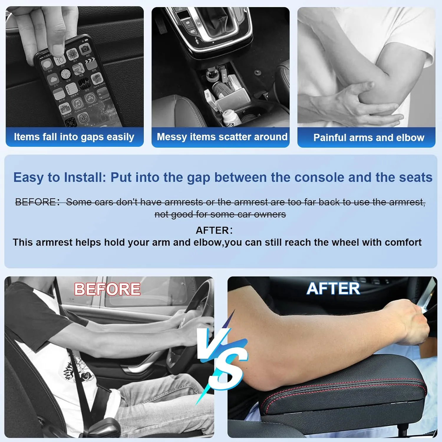 CDEFG Car Armrest Support Elbow Rest Pad Armrest Extender Console Storage Organizer Universal Fit for Most Cars