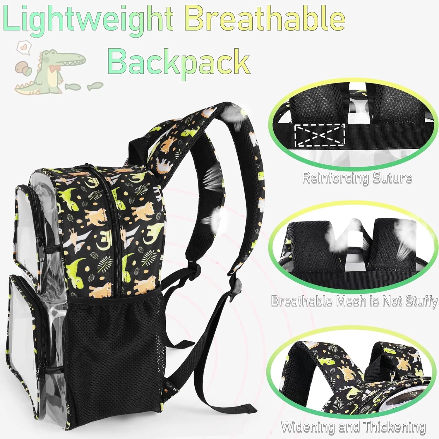 Clear Backpack,16'' Clear Backpack for Boys Heavy Duty School Backpacks See Through Bookbag for Kids 4 to 8,Gray Dinosaur