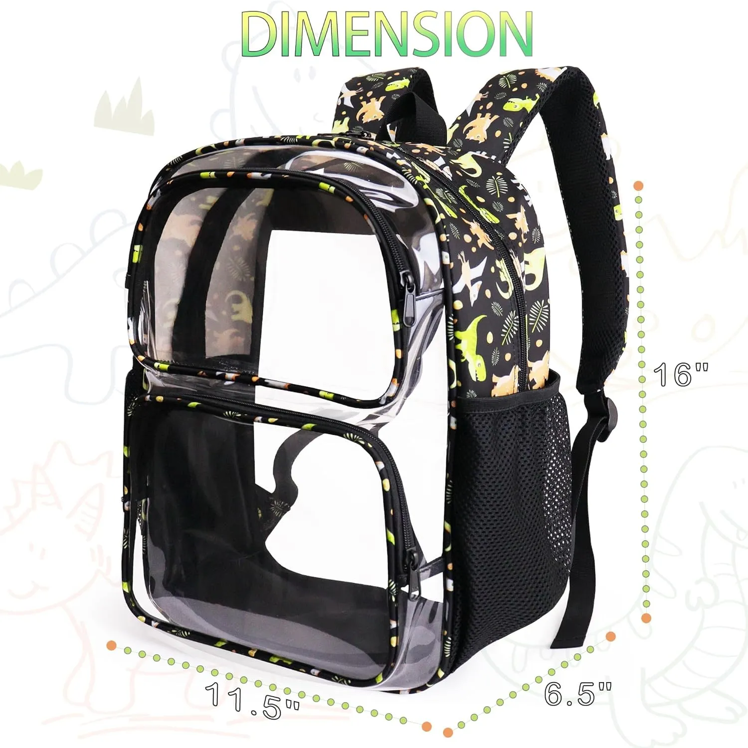 Clear Backpack,16'' Clear Backpack for Boys Heavy Duty School Backpacks See Through Bookbag for Kids 4 to 8,Gray Dinosaur