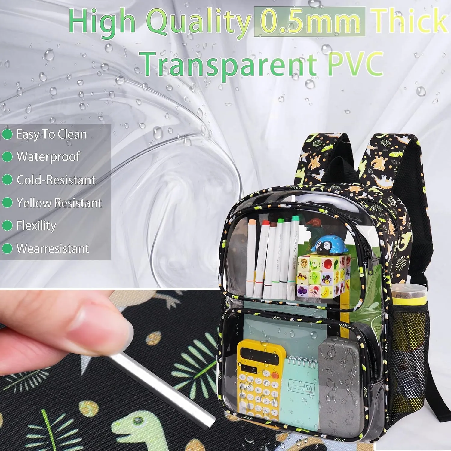 Clear Backpack,16'' Clear Backpack for Boys Heavy Duty School Backpacks See Through Bookbag for Kids 4 to 8,Gray Dinosaur