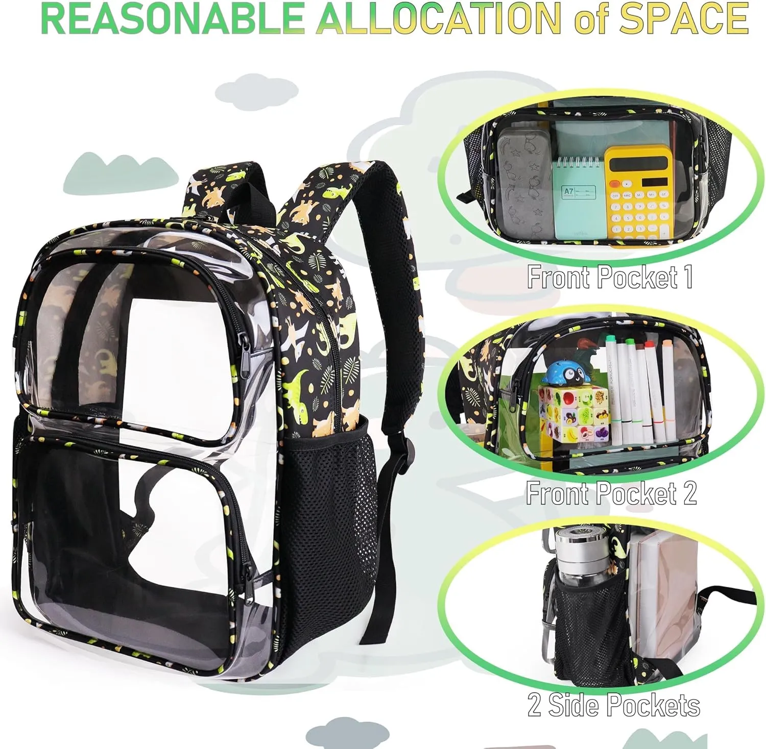 Clear Backpack,16'' Clear Backpack for Boys Heavy Duty School Backpacks See Through Bookbag for Kids 4 to 8,Gray Dinosaur