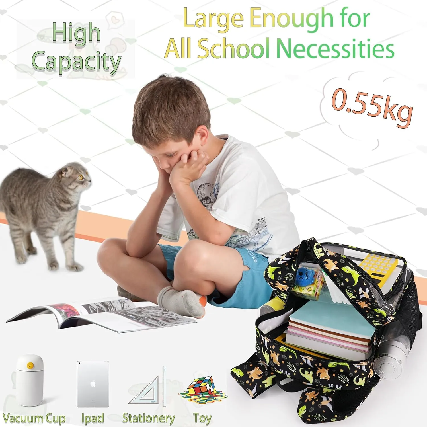 Clear Backpack,16'' Clear Backpack for Boys Heavy Duty School Backpacks See Through Bookbag for Kids 4 to 8,Gray Dinosaur