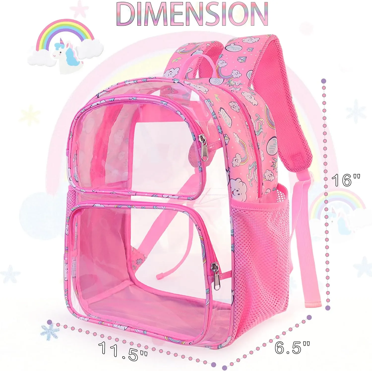 Clear Backpack,16'' Clear Backpack for Girls Heavy Duty School Backpacks See Through Bookbag for Kids 4 to 8,Purple Rainbow