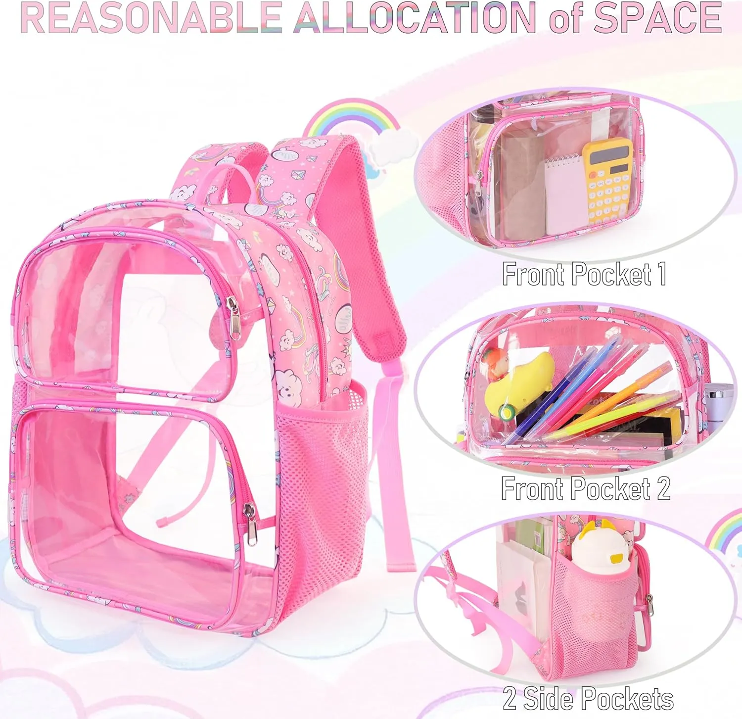 Clear Backpack,16'' Clear Backpack for Girls Heavy Duty School Backpacks See Through Bookbag for Kids 4 to 8,Purple Rainbow