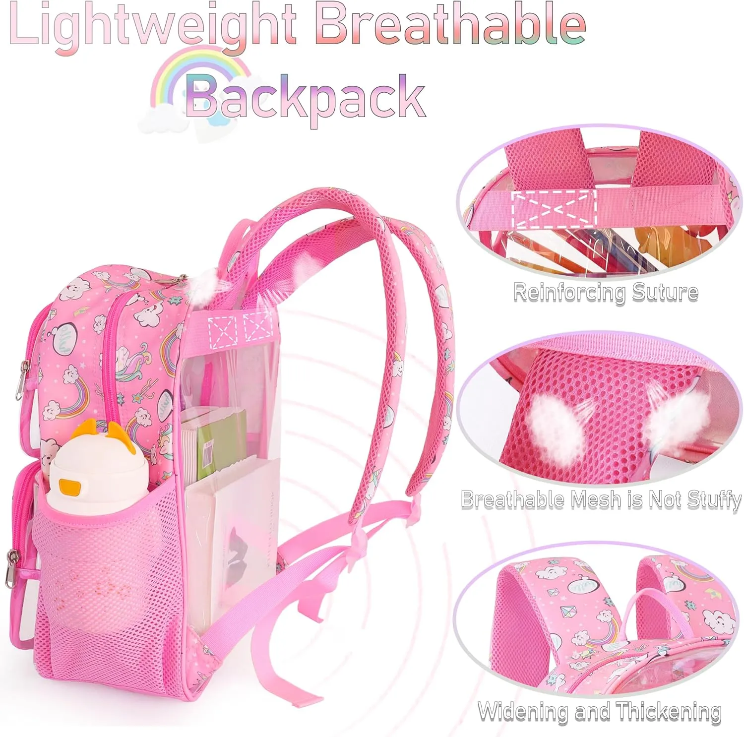 Clear Backpack,16'' Clear Backpack for Girls Heavy Duty School Backpacks See Through Bookbag for Kids 4 to 8,Purple Rainbow
