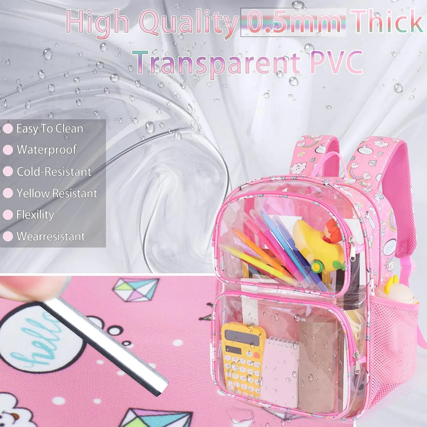 Clear Backpack,16'' Clear Backpack for Girls Heavy Duty School Backpacks See Through Bookbag for Kids 4 to 8,Purple Rainbow
