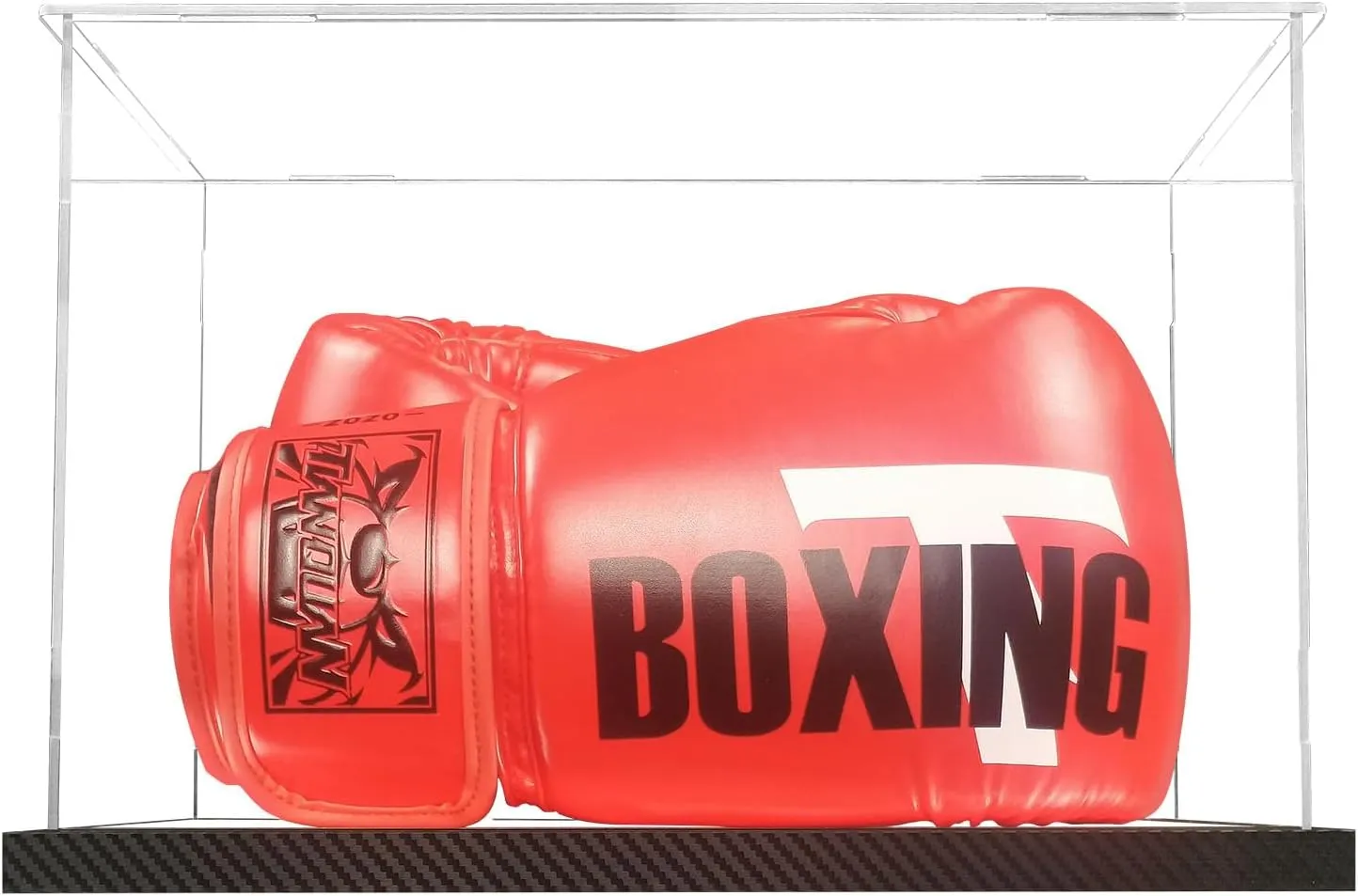 Clear Boxing Glove Display Case Acrylic Display case for Full Size Boxing Glove Boxing Glove Storage Box Dustproof UV Protection Cabinet with Carbon Fiber Skin Base and Removable Mirror Base