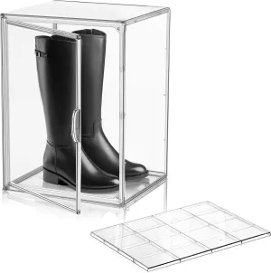 Clear Shoe Storage Boxes Stackable, XX-Large Acrylic Dispaly Case, Clear Stackable Shoe Rack Tall Boot Handbag Collectibles Organizer with Detachable Divider