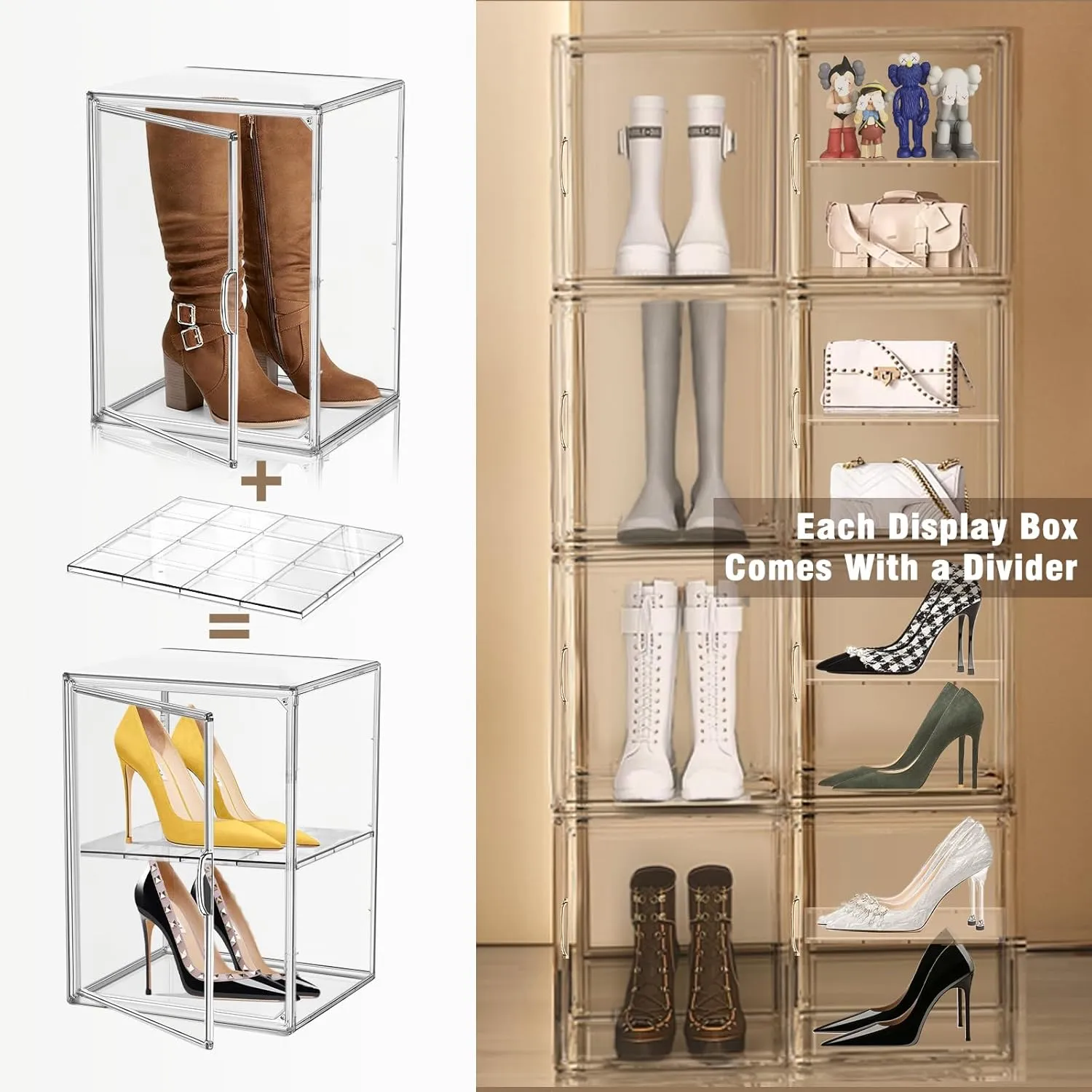 Clear Shoe Storage Boxes Stackable, XX-Large Acrylic Dispaly Case, Clear Stackable Shoe Rack Tall Boot Handbag Collectibles Organizer with Detachable Divider