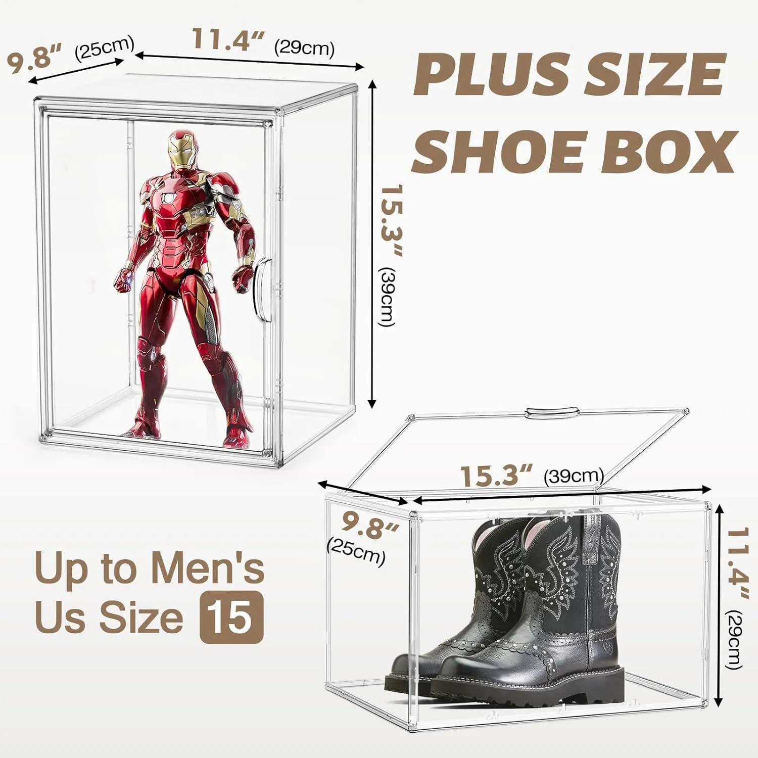 Clear Shoe Storage Boxes Stackable, XX-Large Acrylic Dispaly Case, Clear Stackable Shoe Rack Tall Boot Handbag Collectibles Organizer with Detachable Divider