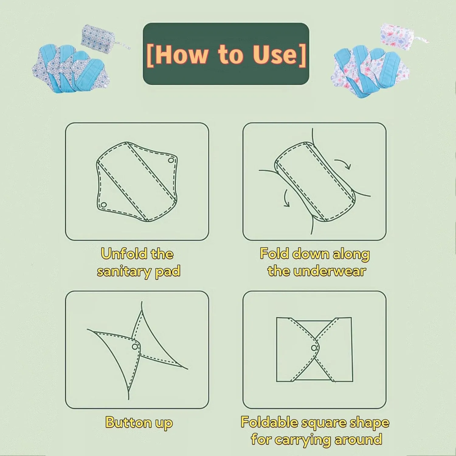 Cloth Menstrual Pads,Reusable Sanitary Pads,Washable Sanitary Pad with Wings,Women's Postpartum Cloth Pad,5pcs/Set,Pack of 4 1 Storage Bag,Suitable for Menstrual Period,Incontinence