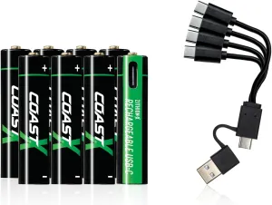 Coast AAA USB-C Rechargeable Batteries, ZITHION-X, Lithium Ion 1.5v 750 mAh, Long Lasting, Charges Under 1.3 Hours, Charging Cable Included, 8-Battery Pack