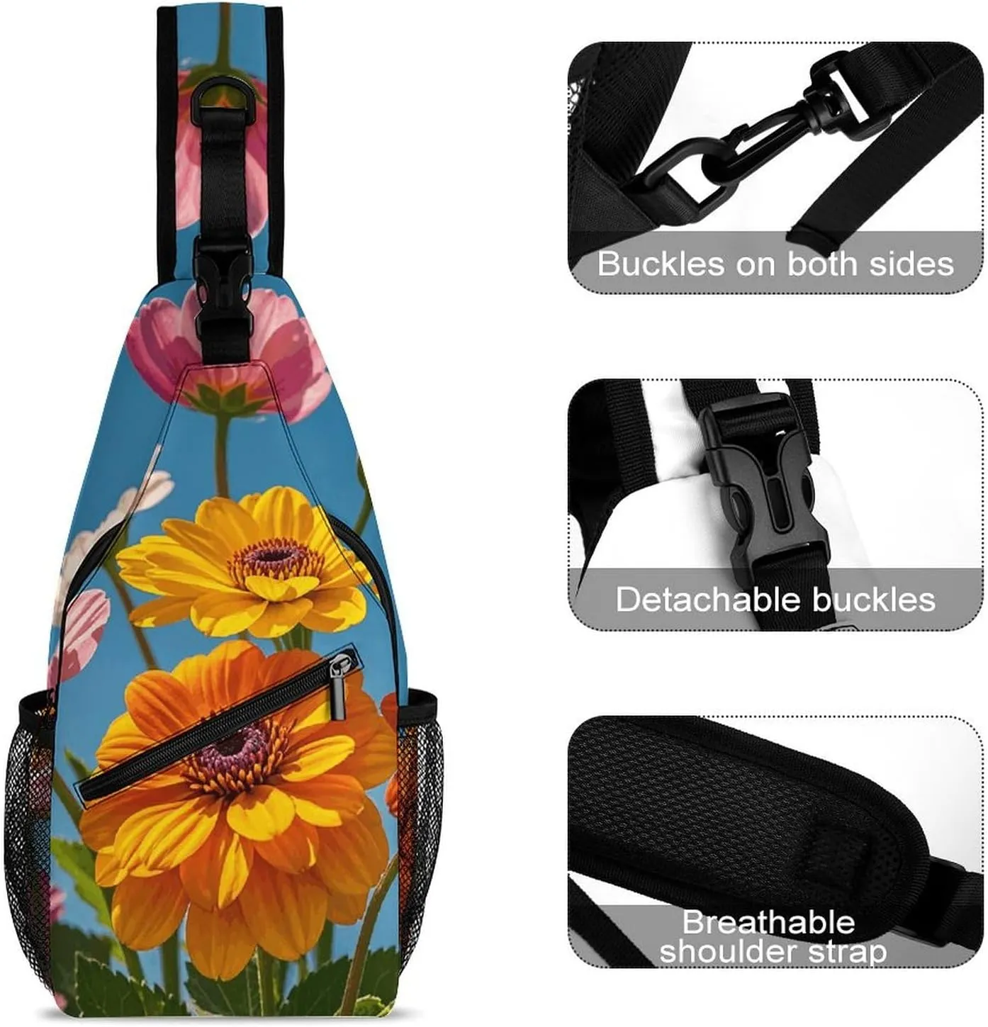 Colorful Spring Flowers Crossbody Bag, Sling Bag, Sling Backpack, Belt Bags for Travel Outdoors Hiking