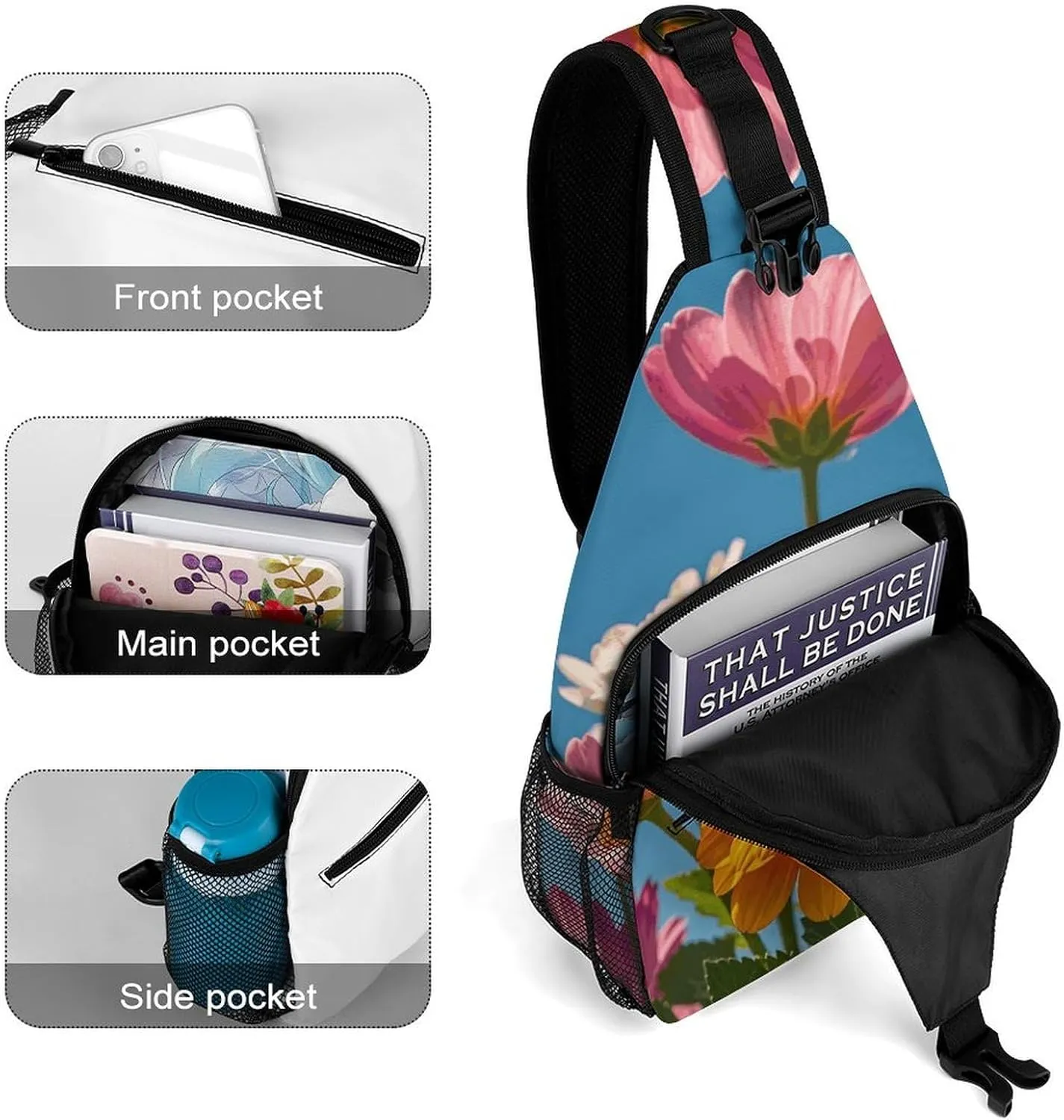 Colorful Spring Flowers Crossbody Bag, Sling Bag, Sling Backpack, Belt Bags for Travel Outdoors Hiking